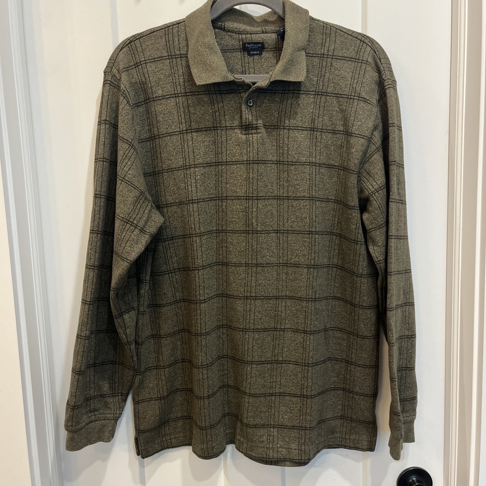 Van Heusen Studio Men's Olive Green Plaid Long Sleeve Polo Shirt Size Large